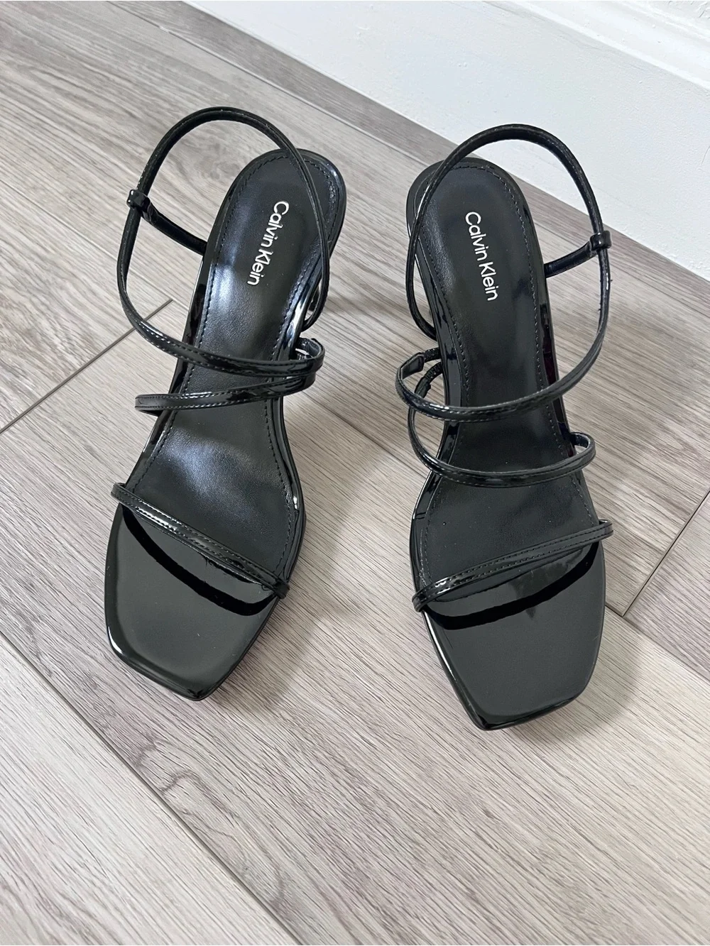 Calvin Klein Black Patent Strappy High Heel Sandals Size 7.5 NWOB